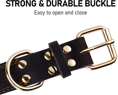 Leather Dog Collar, Heavy Duty Wide Dog Collar for Small,Medium,Large and Extra Large Dogs (M: 1" Wide for 15.2"-19.2" Neck, Dual Stitch - Brown)