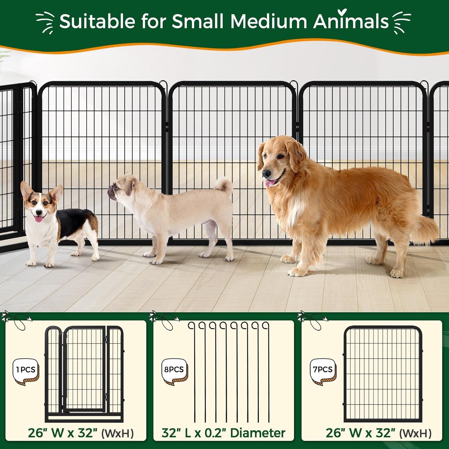 Yaheetech 32In 16-Panel Metal Dog Playpen Fence for Indoor Yard RV Camping | Heavy-Duty Rustproof Frame with Secure Latch Door, Tool-Free Assembly, Foldable Storage, Ideal for Small to Medium Dog Breeds
