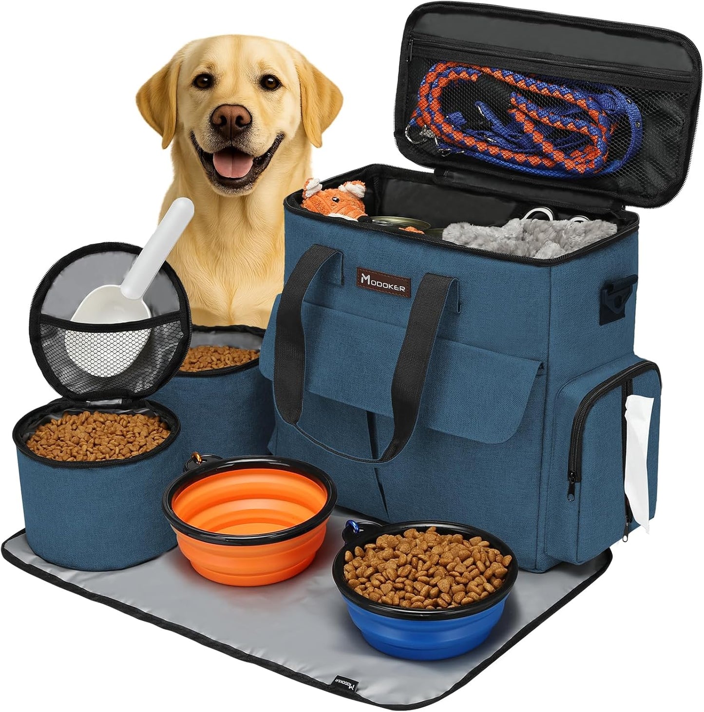 Dog Travel Bag with 2 Food Bags, 2 Bowls and 1 Mat (Blue) | Roomy Main Compartment | Multiple Functional Pockets | Water-Resistant Oxford Fabric | PVC Backing | Leak-Resistant Lining